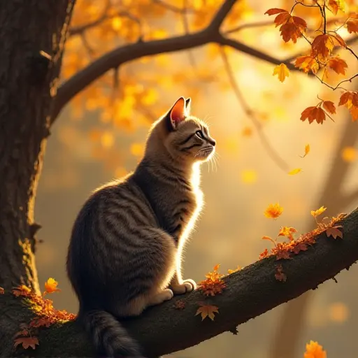 A cat sitting on a low tree branch, with autumn leaves falling all around it, the golden leaves sticking to its fur as it lazily watches the world go by in the peaceful forest.