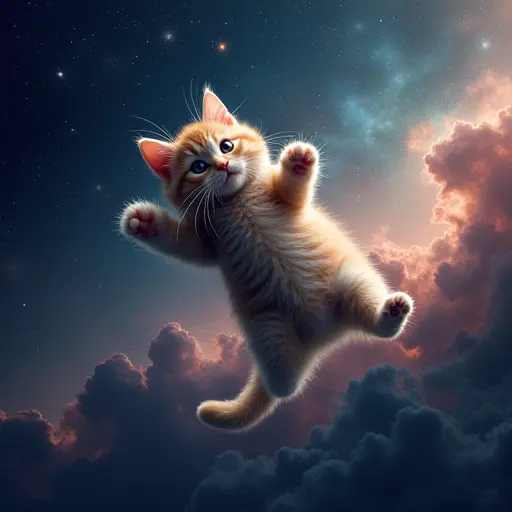 A cat floating in space, with cosmic nebulae and stars forming its background, emphasizing space exploration.