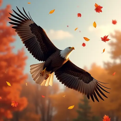 A bald eagle soaring through the autumn sky, with vibrant red and gold leaves flying around it as it glides effortlessly through the crisp, clear air.