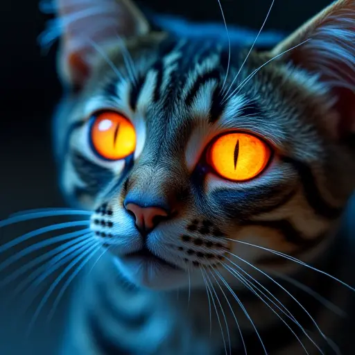 A close-up of a cat with glowing, multi-colored technological eyes that simulate an AI’s scanning abilities.