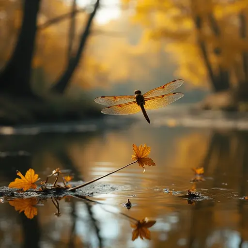 A dragonfly hovering over a small pond, surrounded by trees with golden autumn leaves drifting in the wind, reflecting on the calm water beneath it.