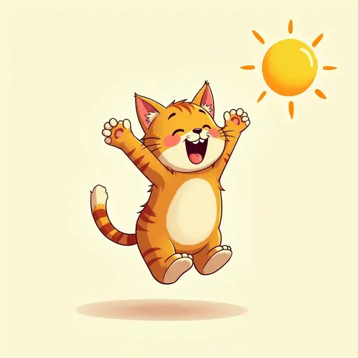 A cat jumping in the sunlight, its wet fur looking particularly joyful, clean hand-drawn outlines.