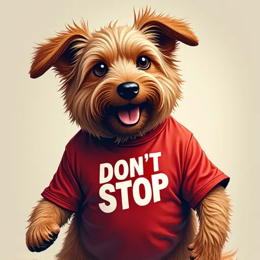 dog, T-shirt, slogan Don't Stop, dynamic style