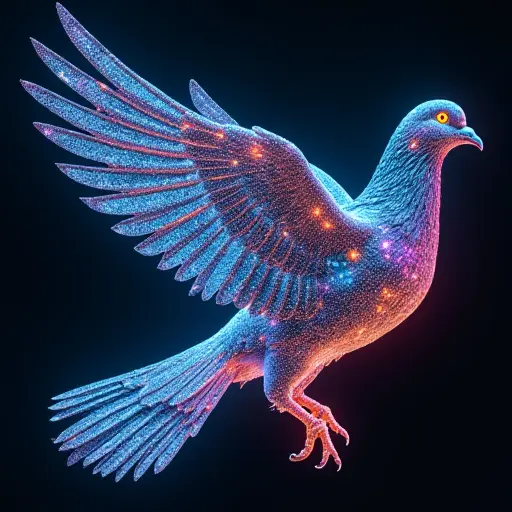 A pigeon with wings made of digital screens, displaying bright, flashing advertisements and static patterns. Its body is composed of circuitry, glowing with neon hues and constantly changing as it moves.