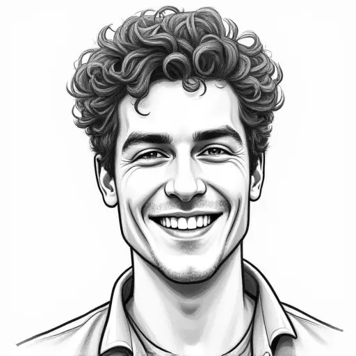 A man with curly hair and a warm smile, sketched with fine pencil lines and soft shading.