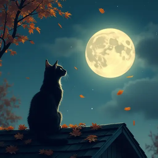 A cat sitting on a rooftop, gazing up at a full moon as autumn leaves gently fall around it, creating a peaceful night scene with a hint of mystery.