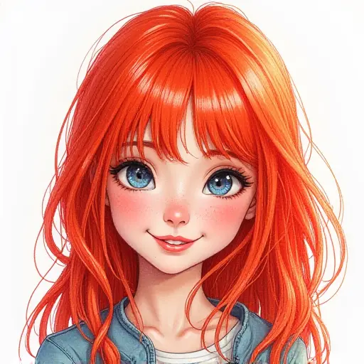 A girl with bright red hair, drawn in a lively pencil sketch with vivid shades of red.