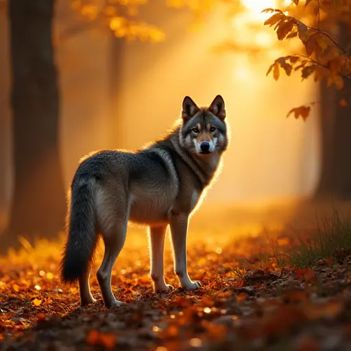 A lone wolf standing still in an autumn forest as the first rays of morning sunlight filter through the trees, illuminating the golden leaves scattered on the ground, the wolf's fur glowing softly in the warm light.