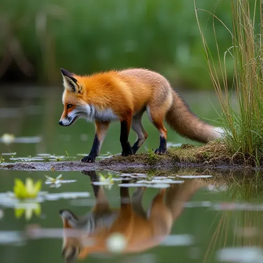 A fox stepping delicately along the edge of a tranquil pond, surrounded by tall reeds and water lilies, its reflection rippling in the water.