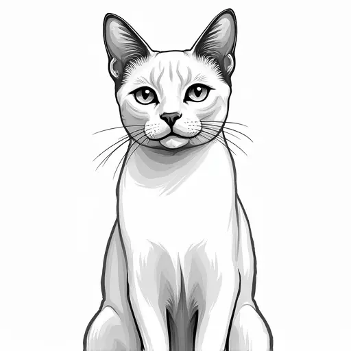 clean pencial outline sketch of a siamese cat from the front view