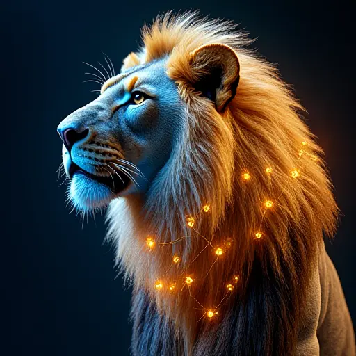 A lion with electronic circuits embedded in its fur, glowing with a combination of gold and blue light, symbolizing power.