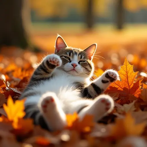 A relaxed cat lying on its back in a pile of colorful autumn leaves, its paws twitching in the soft breeze, and the leaves creating a warm blanket around it as the sun filters through the trees.