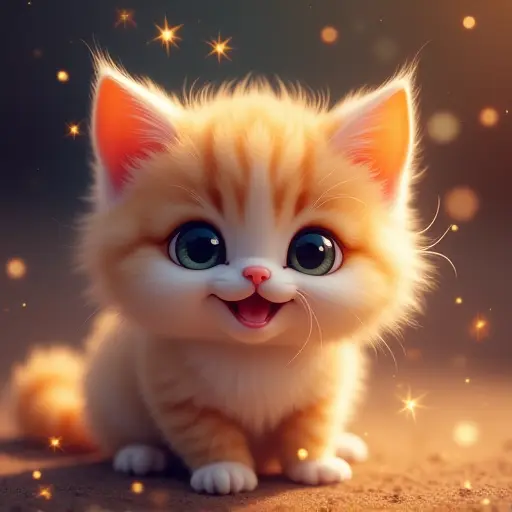 Cute cat surrounded by glowing sparkles, big eyes, and fluffy fur, looking delighted.