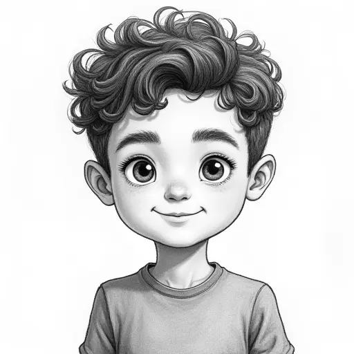 A boy with tight curly hair, drawn in a textured pencil style with bold outlines and soft shading.