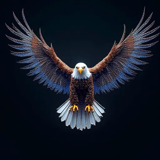 An eagle with wings made from digital data streams and pixelated patterns. Its eyes are glowing LED circuits, and its feathers are composed of tiny, floating geometric shapes that constantly change in response to its flight path.