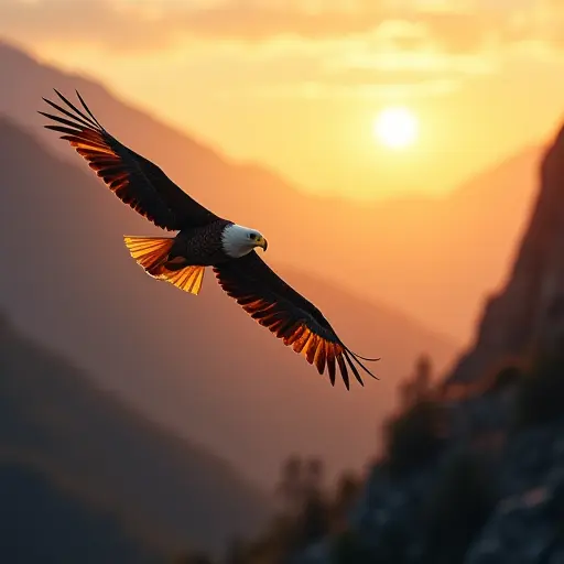 An eagle soaring through a mountain pass during sunrise, its wings catching the warm golden light as it glides effortlessly.