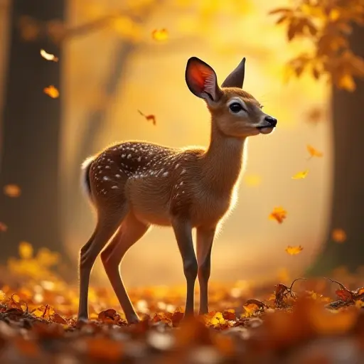 A fawn standing still in an autumn forest as golden leaves fall softly around it, the air crisp and cool as it watches the leaves dance in the wind.