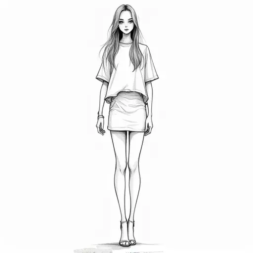 A tall girl with straight hair, sketched with minimal lines and light shading for an elegant look.