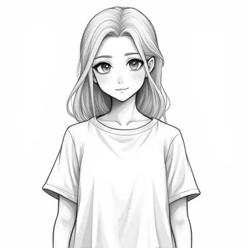 A girl wearing a t-shirt with a relaxed expression, sketched with minimal pencil strokes and light shading.