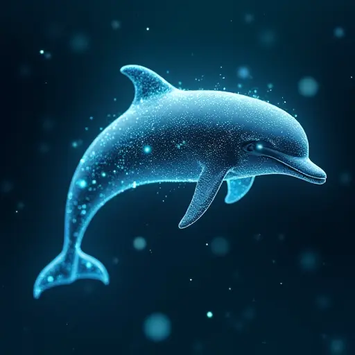 A dolphin avatar with glowing sensor points and floating light patterns, symbolizing advanced AI and environmental connection.