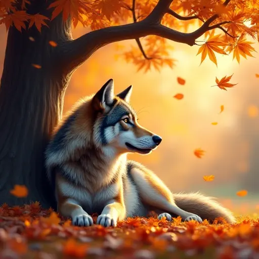 A wolf lying beneath a tree, with a blanket of fallen autumn leaves around it, its eyes watching the wind swirl the colorful leaves in the air.