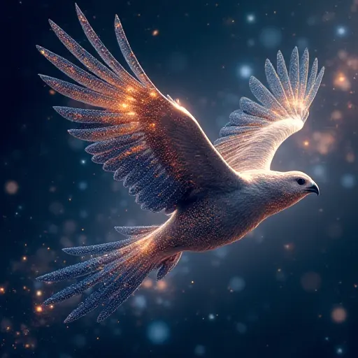 A bird with feathers that resemble constellations and galaxies, joyfully flying across an infinite cosmic expanse with glowing meteor trails.