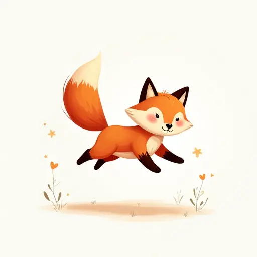 A fox jumping playfully, drawn with flowing lines and soft, pastel colors.