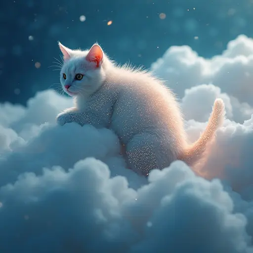 A cat floating amidst digital clouds, with its body composed of soft, glowing bits of code, symbolizing the cloud computing world.