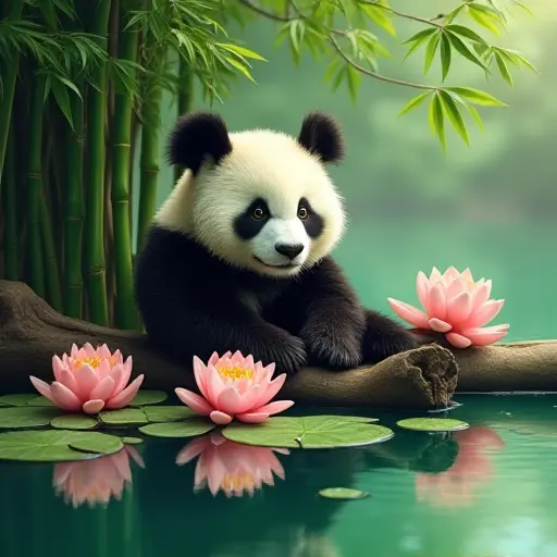 A panda lounging beside a serene jade-green lake, surrounded by lush bamboo and blooming lotus flowers floating on the water.