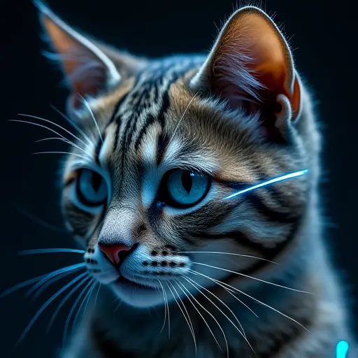 A cat with sharp, laser-cut features on its face, emphasizing technological precision with glowing laser edges.