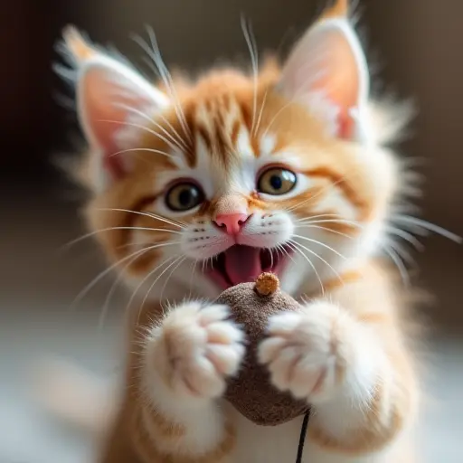 Playful kitten holding a toy mouse with wide, curious eyes and a happy expression.