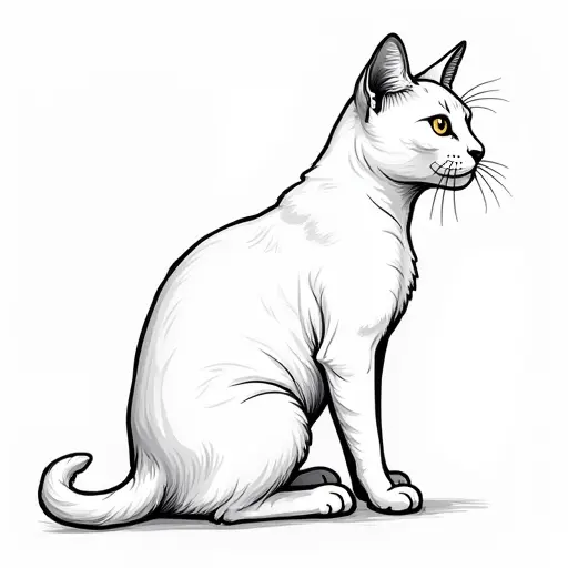 clean black and white hand-drawn outlines of a american shorthair from the side view