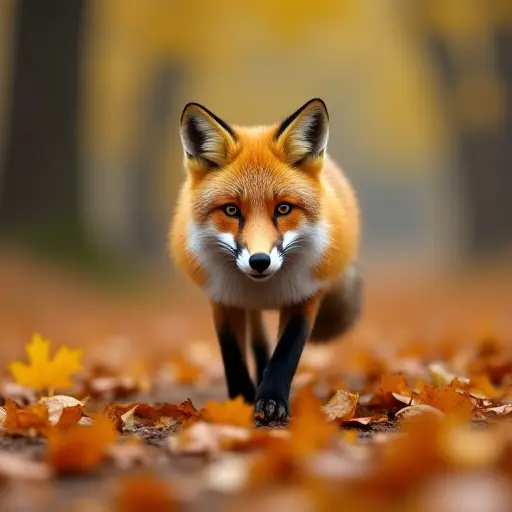 A fox with a thick coat of fur, darting through the golden leaves of an autumn forest, with the ground covered in fallen foliage and the trees standing tall.