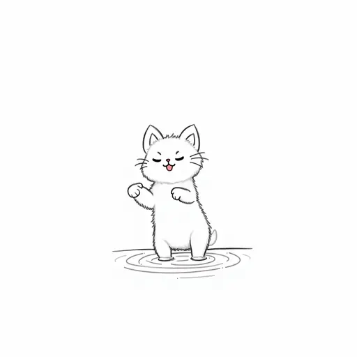 black and white simple line drawing of A american shorthair playfully splashing water with its paws, showing a mischievous expression.