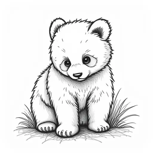 black and white simple line drawing of a baby panda from the side view