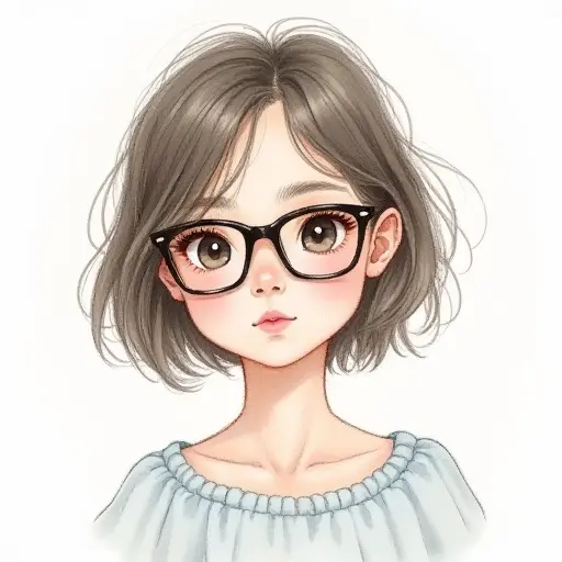 A girl with glasses and short hair, sketched with delicate pencil strokes and soft watercolor.