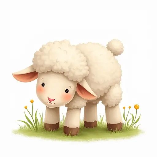 A little lamb nibbling grass, drawn with soft, rounded lines and light, earthy colors.