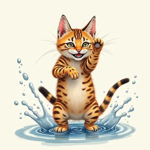 pointillism painting of A bengal cat playfully splashing water with its paws, showing a mischievous expression.