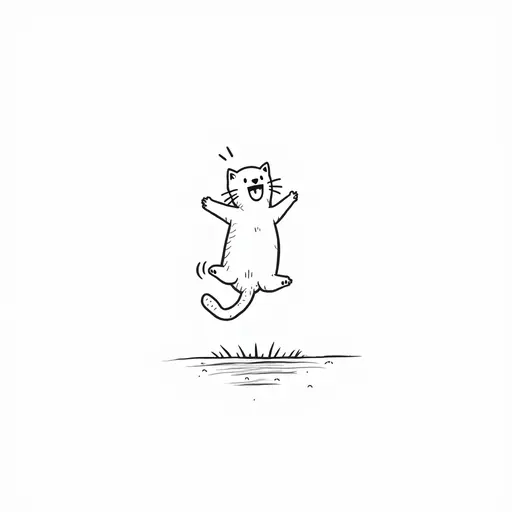 A cat jumping in the sunlight, its wet fur looking particularly joyful. style: black and white simple line drawing.