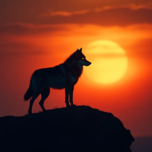 A wolf standing on a ridge silhouetted against a fiery sunset, its eyes glowing faintly in the fading light.