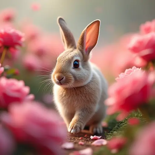 A rabbit surrounded by a field of pink and red roses, its fur soft and fluffy as it hops through the floral maze, with petals falling gently around it.