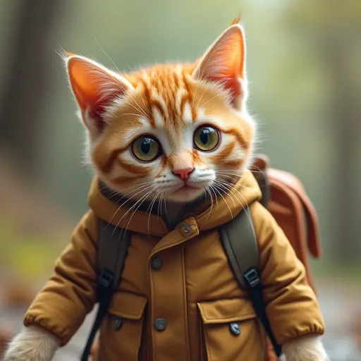 Cat wearing a small backpack, ready for an adventure with wide, curious eyes.