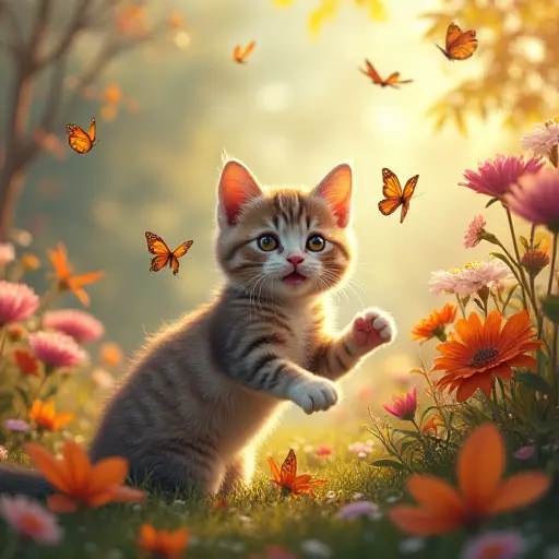 A cat playing in a fantasy garden, surrounded by vibrant flowers and butterflies, with soft autumn leaves scattered around, creating a whimsical and dreamlike atmosphere.