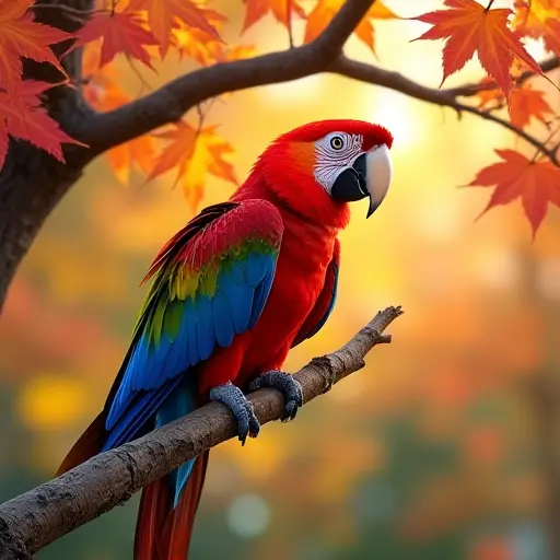 A parrot with brightly colored feathers perched on a tree branch, surrounded by autumn leaves in shades of red and yellow, with the sun filtering through the canopy.