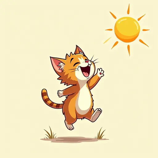 A cat jumping in the sunlight, its wet fur looking particularly joyful. style: detailed handdraw outline.