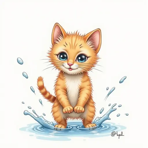 colored pencil drawing of A abyssinian cat playfully splashing water with its paws, showing a mischievous expression.