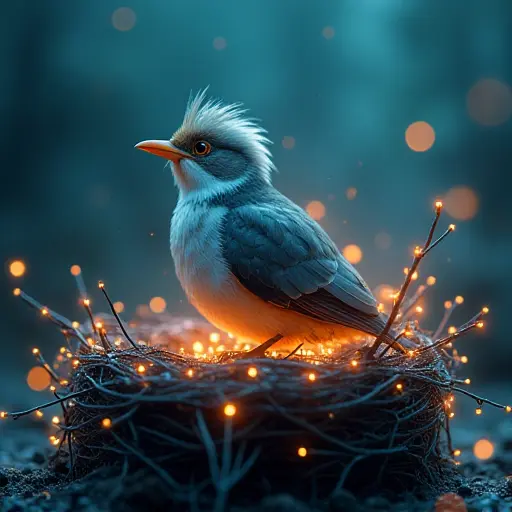 A bird avatar sitting on a digital nest, with wires and glowing data points surrounding it like a high-tech sanctuary.