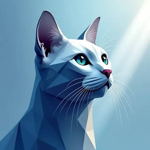 A minimalistic geometric cat face made of clean lines and gradients in cool colors like blue and silver, set against abstract light patterns.