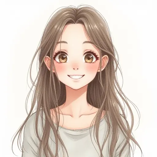 A girl with long hair and a bright smile, drawn in soft pencil strokes with light watercolor accents.