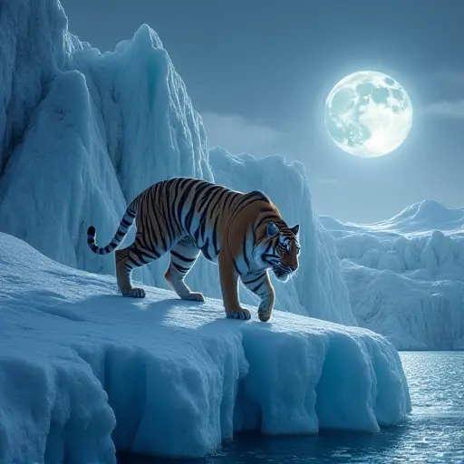 A tiger prowling along the edge of a glacier, its breath visible in the icy air, with jagged ice formations glowing in the moonlight.